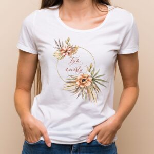 Květinové tričko béžový věneček - Tým nevěsty Bílé tričko s plnobarevným tiskem S - trička na rozlučku se svobodou