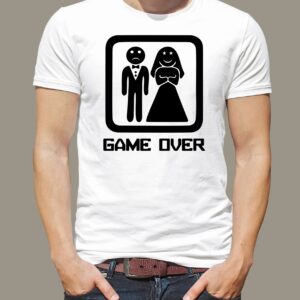 Pánské tričko Game over bílé Bílé tričko s černým potiskem M - trička na rozlučku se svobodou