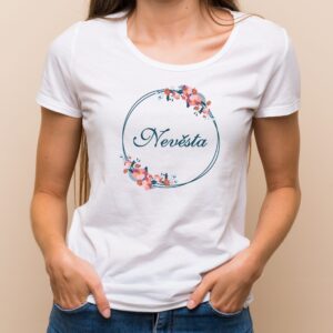 Květinové tričko modrý věneček - Nevěsta Bílé tričko s plnobarevným potiskem S - trička na rozlučku se svobodou
