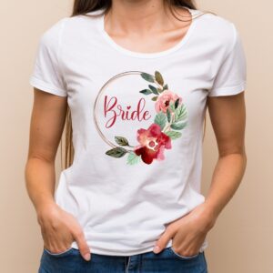 Květinové tričko akvarelový věneček - Bride Bílé tričko s plnobarevným potiskem XS - trička na rozlučku se svobodou