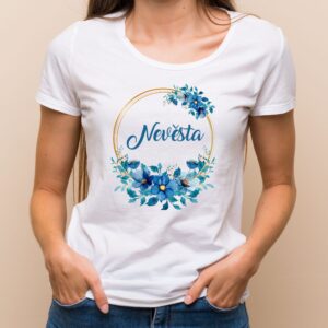 Květinové tričko modré květy - Nevěsta Bílé tričko s plnobarevným potiskem XS - trička na rozlučku se svobodou