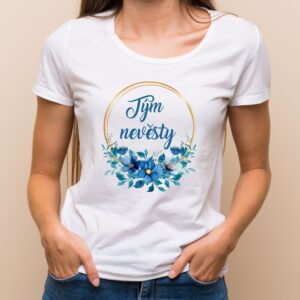 Květinové tričko modré květy - Tým nevěsty Bílé tričko s plnobarevným tiskem XL - trička na rozlučku se svobodou